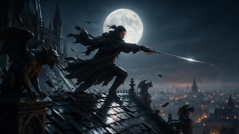 Fantasy swordsman with a rapier stands on a gothic rooftop under a glowing full moon above a medieval city