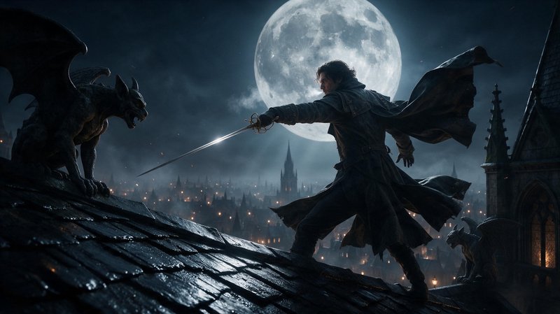 Swashbuckling fantasy hero holds a rapier on a gothic rooftop facing a gargoyle under a huge full moon