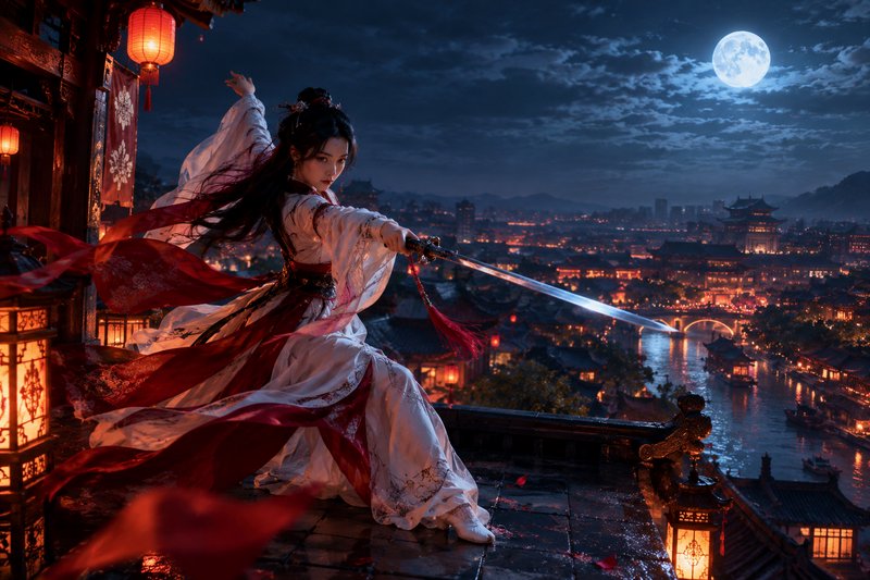 Female wuxia warrior holds a drawn sword on a rooftop overlooking a lantern-lit ancient city under a full moon