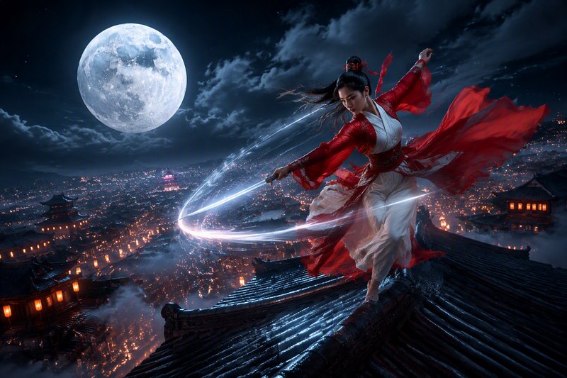 Female wuxia warrior swings a glowing sword from a rooftop under a giant full moon above a lit ancient city