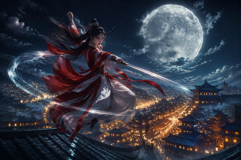 Female wuxia swordswoman leaps across a tiled rooftop holding a drawn sword under a massive full moon above a lit ancient