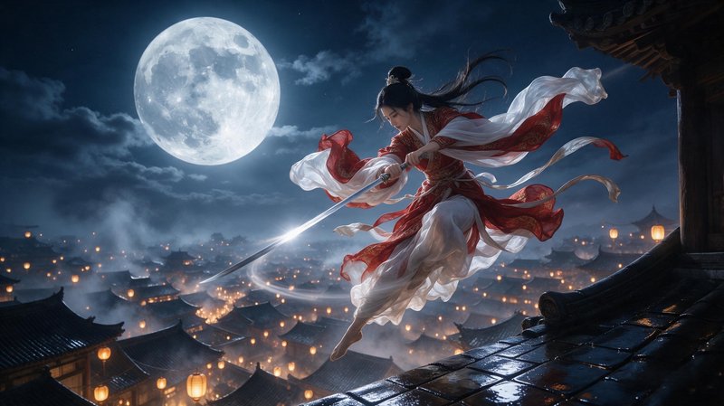 Wuxia female warrior leaping with a sword above a lantern-lit ancient city under a bright full moon