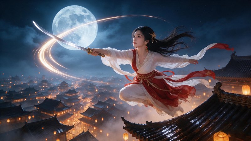 Wuxia swordswoman leaping above lit ancient Chinese rooftops under a bright full moon