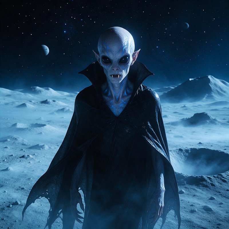 Fanged pale grey alien in a tattered black cloak stands on a cratered moon under a starry sky