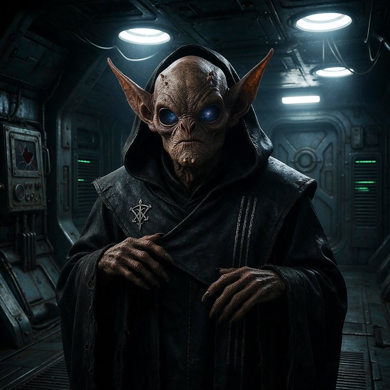 Hooded alien mystic with large glowing blue eyes stands inside a dim futuristic spacecraft corridor