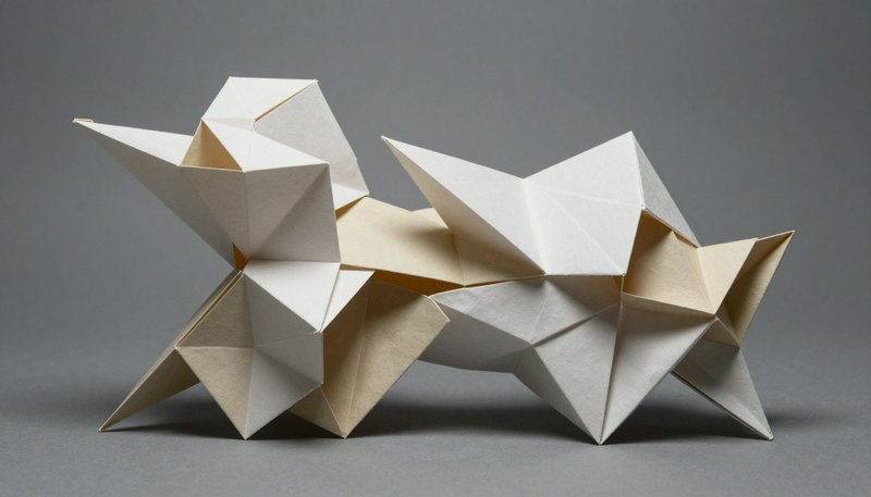 Abstract geometric folded origami sculpture displayed against a solid neutral grey studio backdrop