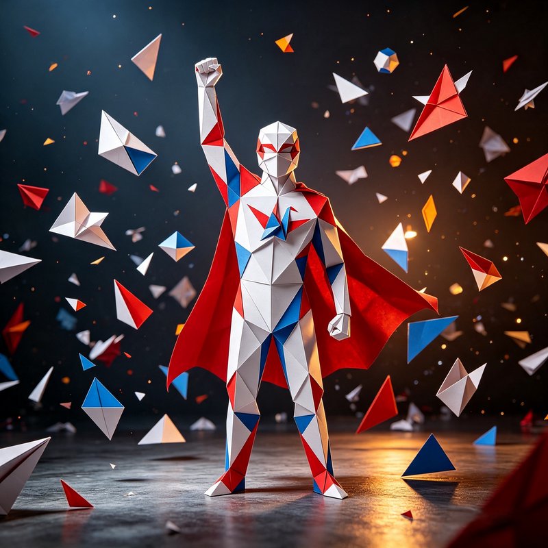 Origami superhero stands with raised fist surrounded by floating folded geometric paper shapes
