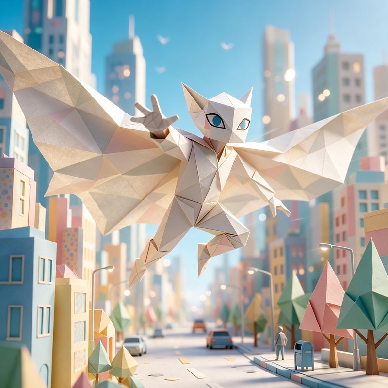 Origami winged cat superhero flies over a pastel papercraft city street