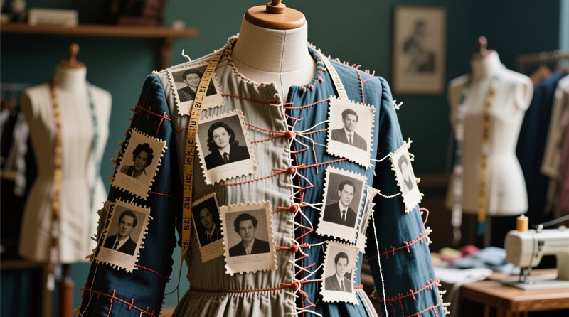 Dress form displaying a unique handcrafted garment decorated with vintage portrait photos in a tailor studio