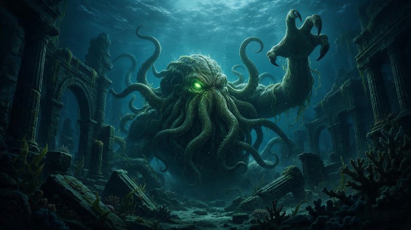 Giant tentacled Cthulhu looms between crumbling sunken ancient city ruins deep under the ocean