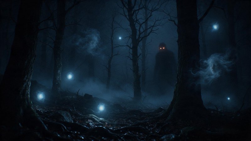 Glowing will-o'-the-wisps drift through a misty haunted forest as a hooded figure with glowing eyes looms nearby