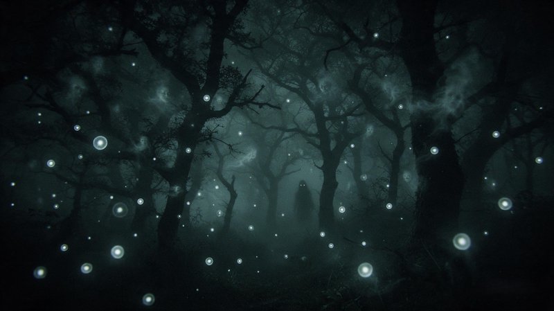 Glowing will-o-wisps float through a misty dark forest as a ghostly hooded figure looms in the distance