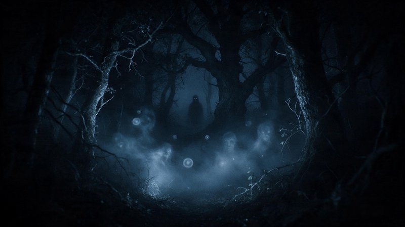 Ghostly apparitions float in misty haunted woods, with a shadowy hooded figure standing in the dark tree line