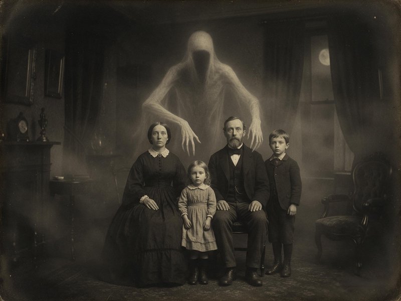 Menacing faceless ghost looms behind a formal Victorian family in a vintage sepia portrait