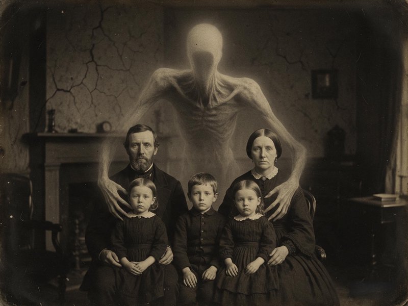 Spooky vintage Victorian family portrait with a tall faceless supernatural creature standing behind the group