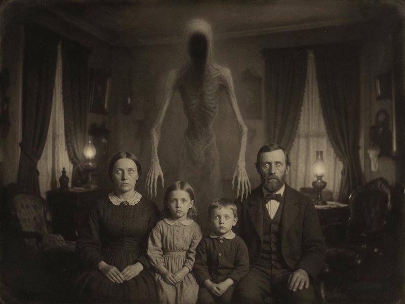 Tall faceless gaunt supernatural entity looms behind a seated 19th century family in a vintage sepia portrait