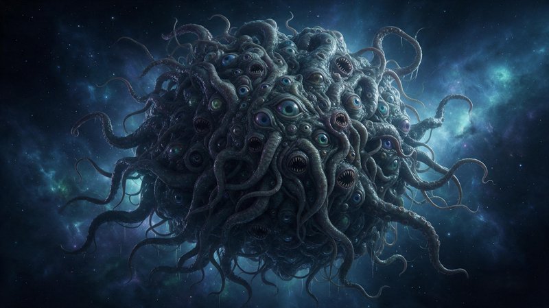 Tentacled eldritch cosmic entity covered in staring eyes floats in a glowing starry space nebula