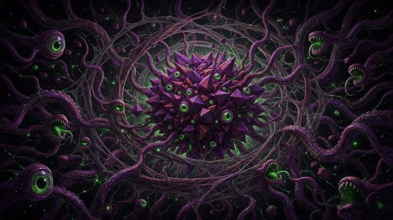 Eldritch cosmic entity with a spiked purple core, glowing green eyes, and writhing tentacles floats in dark void space