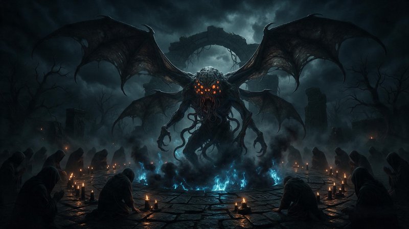 Winged multi-eyed cosmic horror creature summoned during a dark ritual by kneeling hooded cultists
