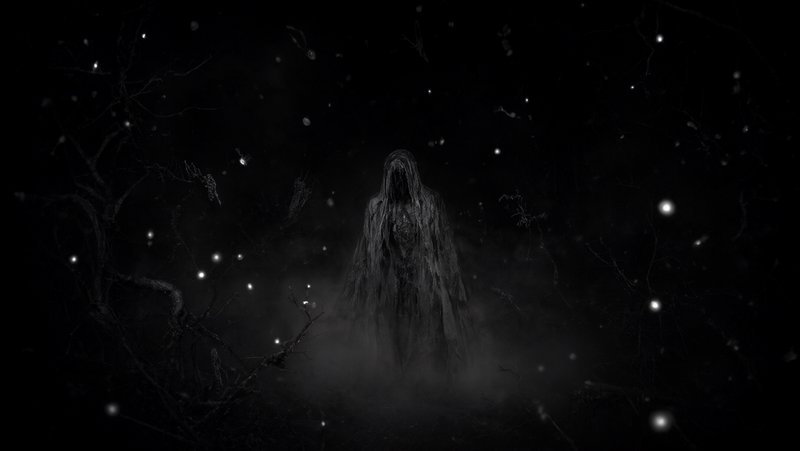 Tattered hooded wraith looms out of fog in a dark dead forest dotted with glowing floating orbs
