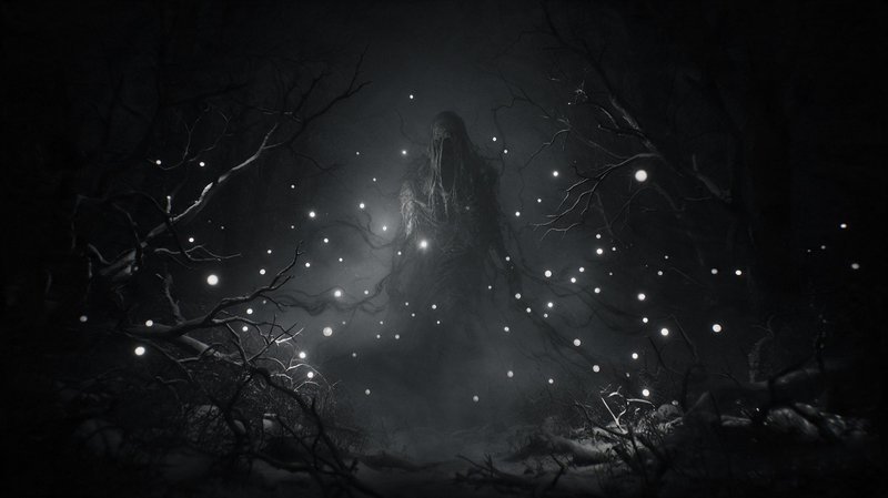 Tall gnarled wraith looms in a misty dark dead forest surrounded by floating glowing will-o-wisps