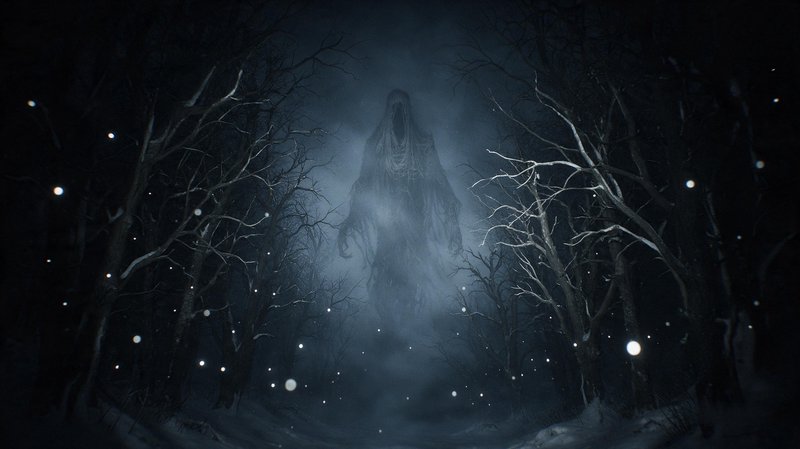 Towering ghostly wraith looms in a foggy dark barren winter forest surrounded by glowing floating will-o-wisps