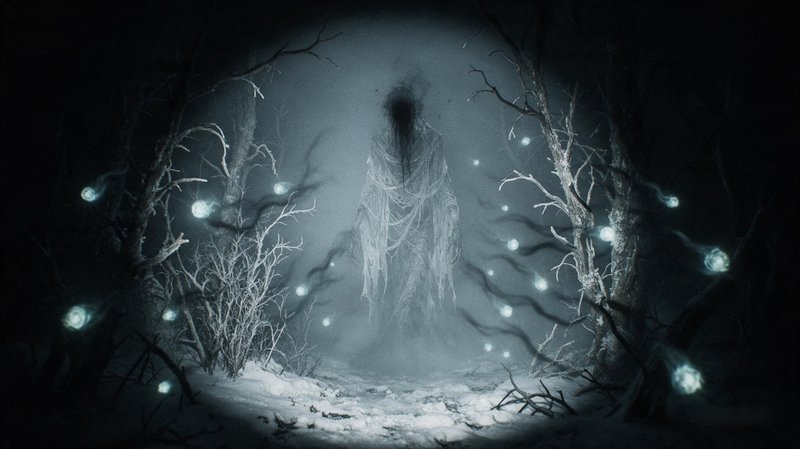 Tattered ghostly wraith stands in a misty dark snowy forest surrounded by floating will-o'-the-wisps
