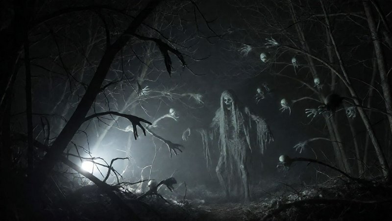 Hooded skeletal wraith and floating ghost spirits loom in a dark misty haunted night forest