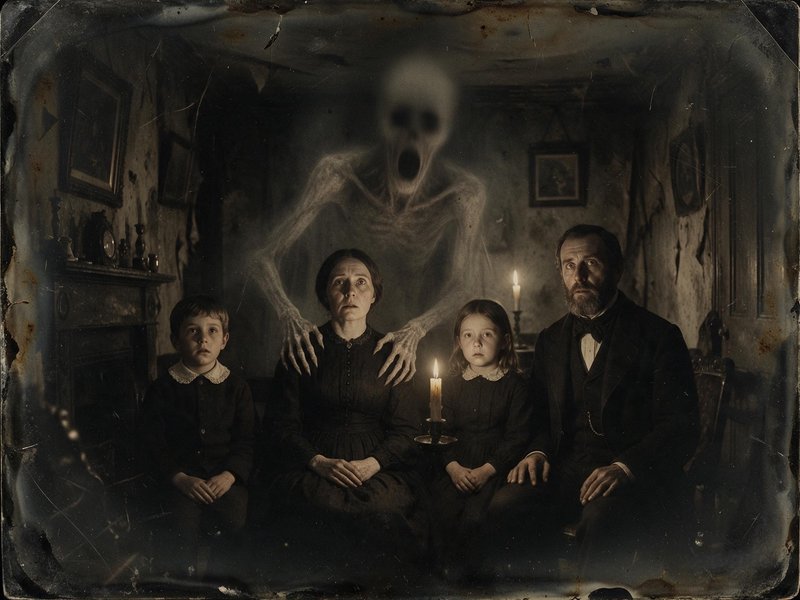 Worn vintage tintype of a seated Victorian family with a screaming skeletal ghost looming behind them