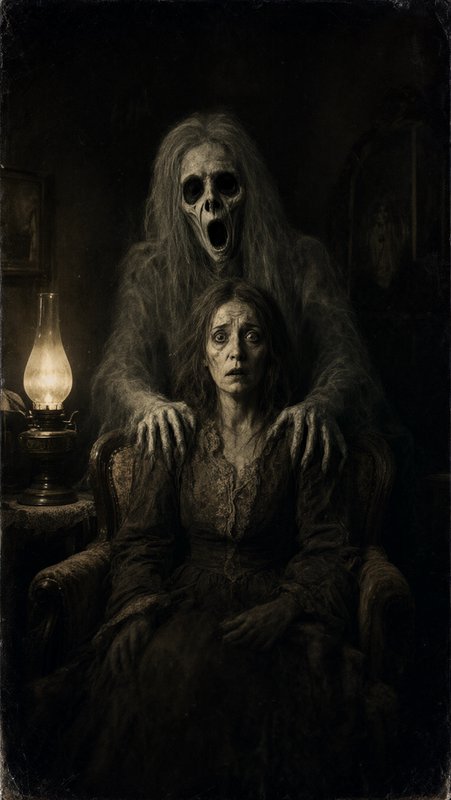 Terrified seated woman with a screaming skeletal ghost looming behind her in a dim lamp-lit room