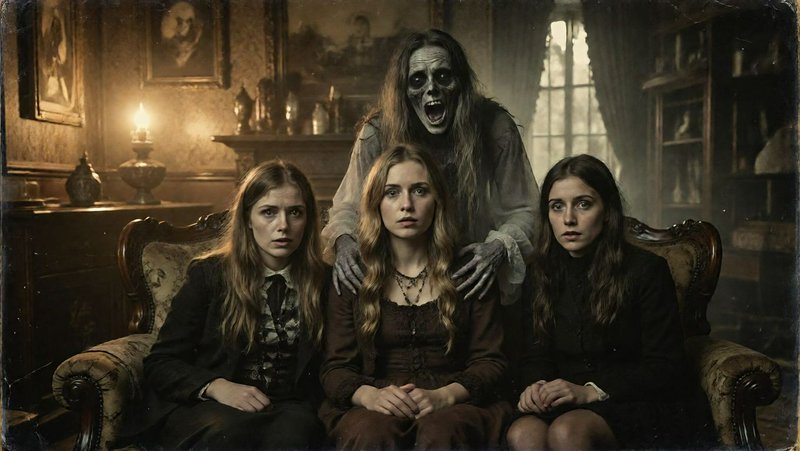 Screaming undead ghost looms behind three frightened women seated in a Victorian parlor