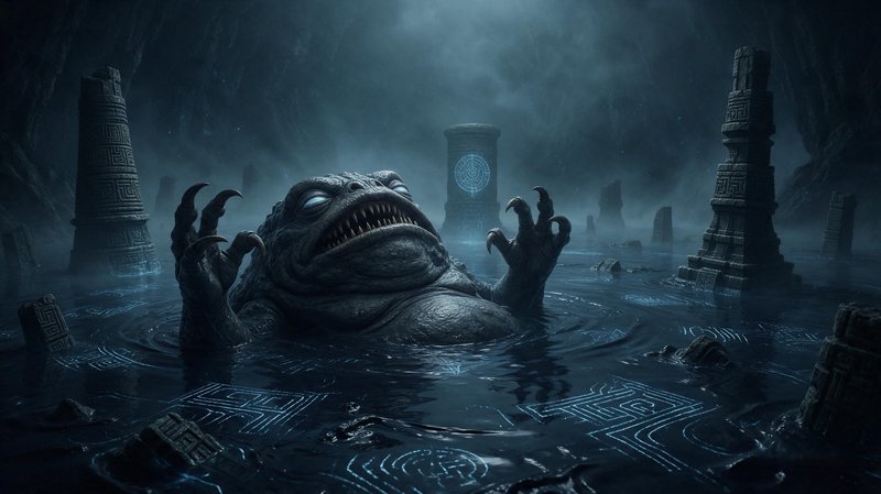 Fanged eldritch toad monster rises from dark floodwaters in a misty sunken ancient temple cavern