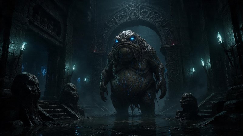 Hulking frog-like monster with glowing blue eyes stands ankle-deep in a flooded ancient stone temple