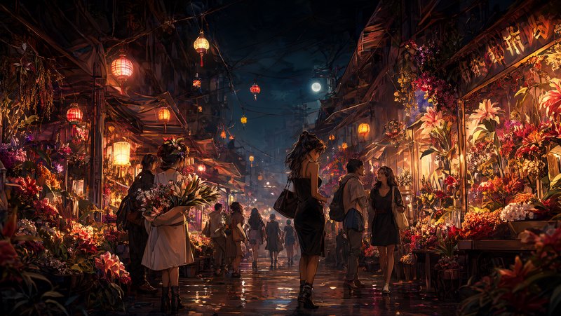 Bustling night flower market with glowing hanging lanterns, shoppers browsing flower stalls on wet moonlit cobblestone