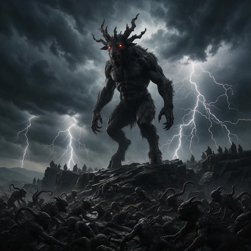 Towering antlered demon beast stands on a rocky cliff under a stormy sky with lightning and hordes of lesser demons below