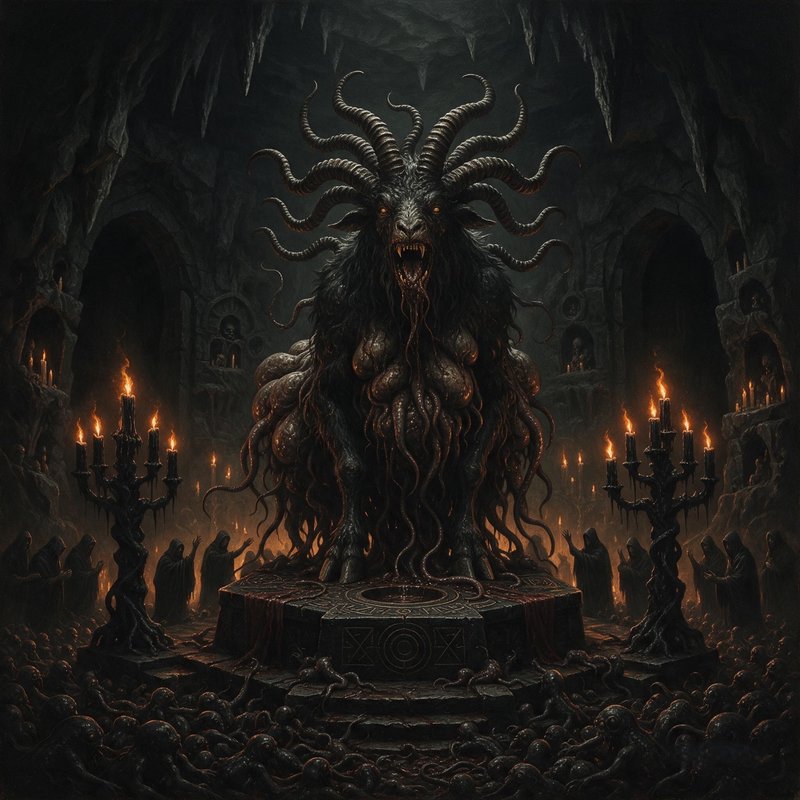 Multi-horned demonic goat entity on a ritual altar, with hooded cultists worshiping in a dark underground cave temple