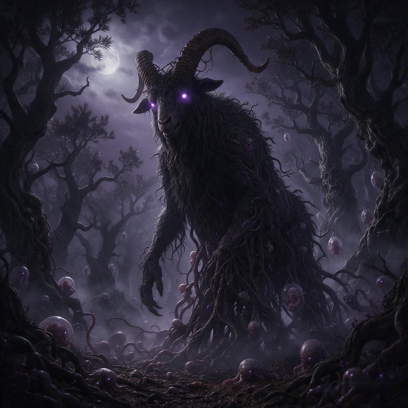 Towering horned goat monster with glowing purple eyes stands in a foggy moonlit haunted forest