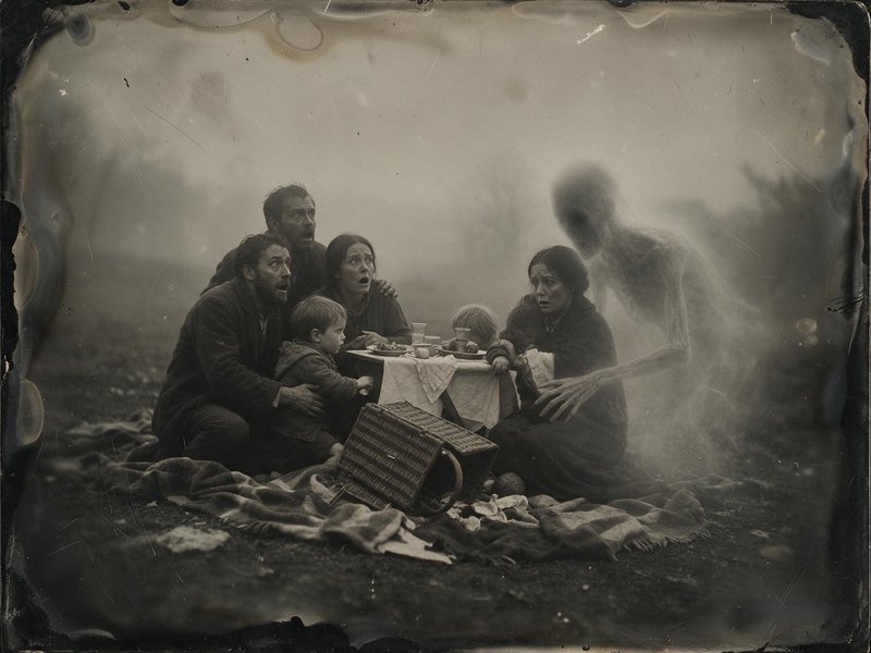 Shocked picnic family stares in terror as a gaunt ghostly apparition reaches toward them in a vintage tintype