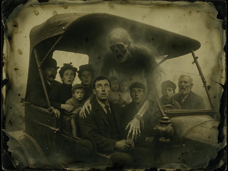 Aged sepia tintype of a terrified Edwardian family in a vintage car with a gaunt skeletal monster looming behind them