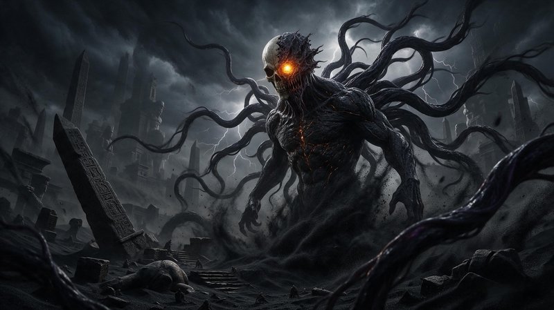 Colossal tentacled skeletal monster with a glowing orange eye rises over storm-wracked ancient ruins