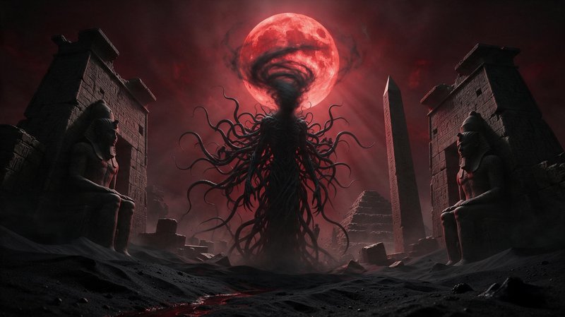 Tentacled cosmic horror entity stands between ancient Egyptian ruins beneath a glowing blood red moon