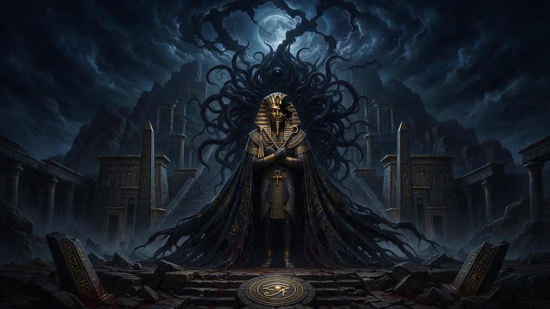 Cursed undead Egyptian pharaoh stands before a ruined stone temple, with a swirling tentacle dark entity behind him under a