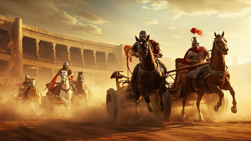 Ancient Roman chariot race kicks up dust inside a sunlit coliseum at golden hour