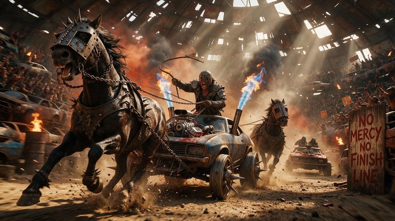 Armored racer drives a spiked hybrid horse-car chariot during a chaotic post-apocalyptic arena race