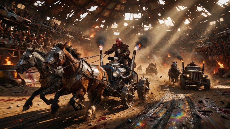 Fierce post-apocalyptic chariot race with armored horses inside a crumbling rusted domed arena
