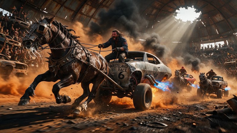 Armored spiked war horse pulls a hybrid modified race cart during a chaotic post-apocalyptic wasteland arena race