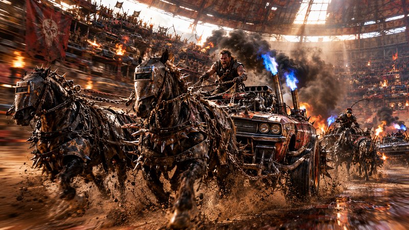 Snarling racer drives spiked armored horse team pulling a flame-belching chariot through a muddy post-apocalyptic arena