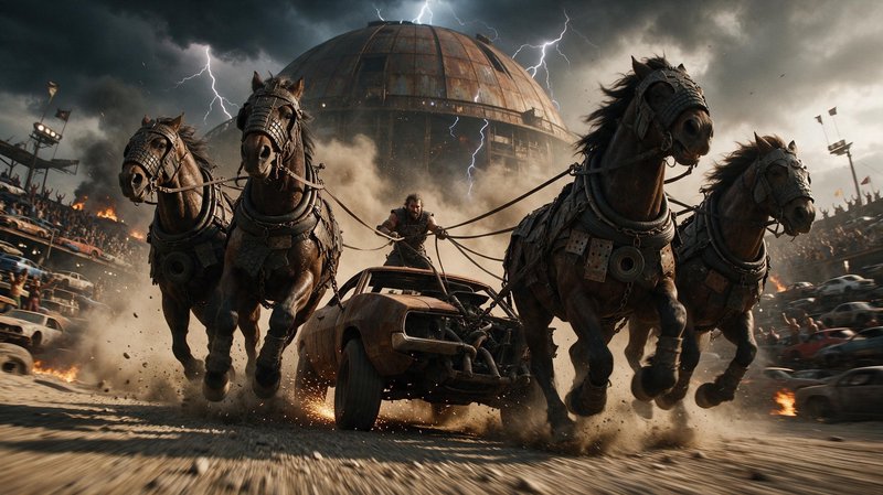 Four armored horses pull a rusted chariot car driven by a warrior across a stormy post-apocalyptic arena