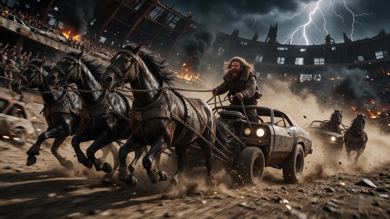 Roaring bearded racer drives a horse-drawn modified car chariot through a burning lightning-struck coliseum