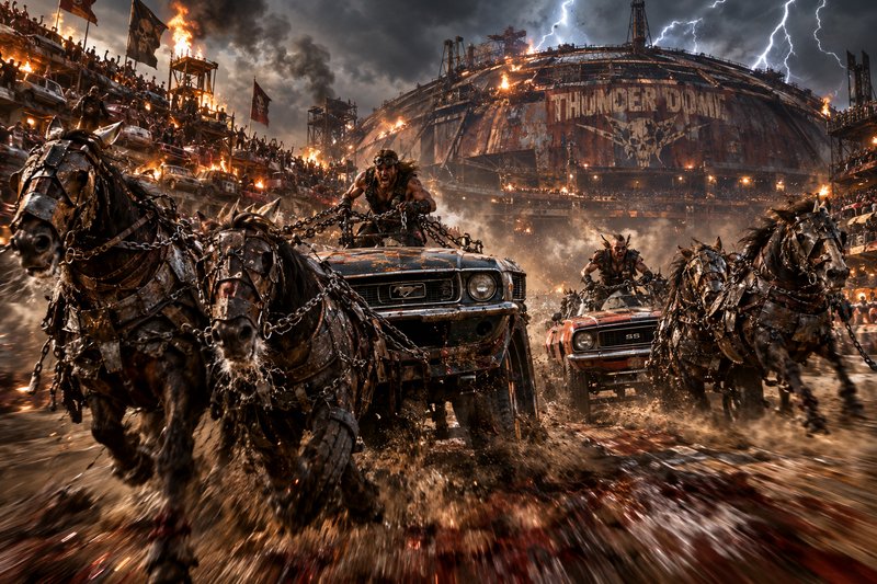 Armored horse-drawn post-apocalyptic chariot racers compete in a muddy Thunderdome arena under a lightning-struck storm sky